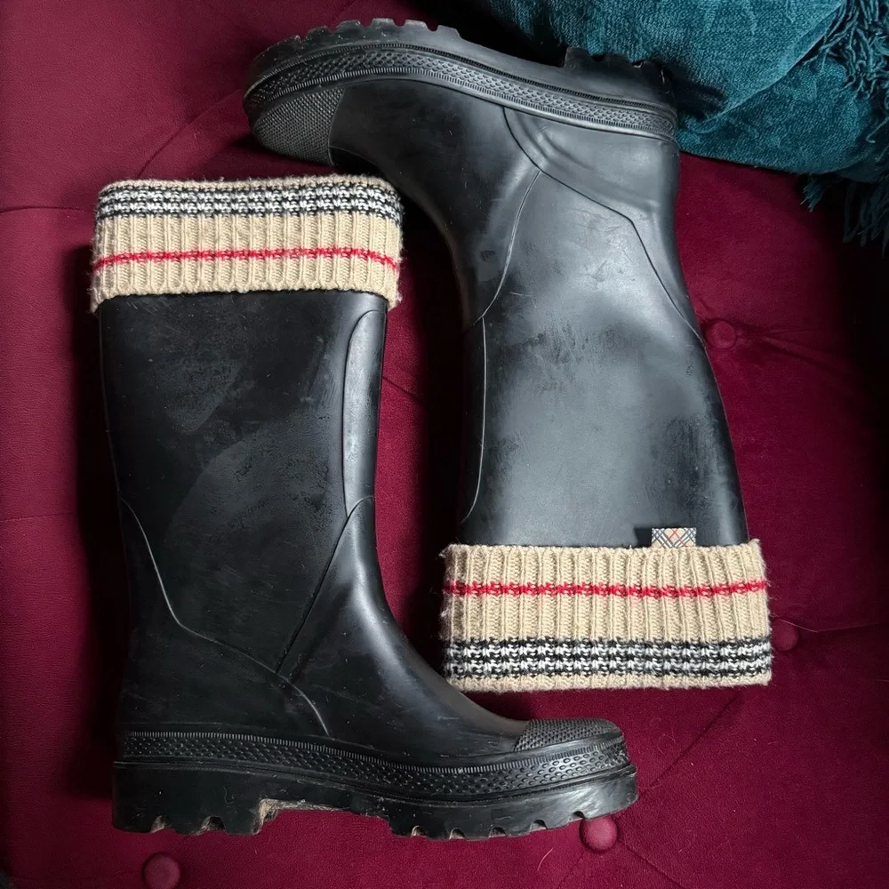 Burberry - Check Knit Cuff Winter Rain Boots - Women’s 7.5 38